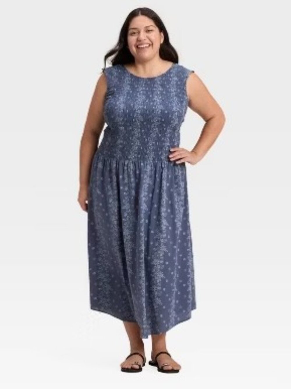 Universal Thread Blue Floral Smocked Sleeveless Boat Neck Cotton Midi NWT XXL - Picture 1 of 3
